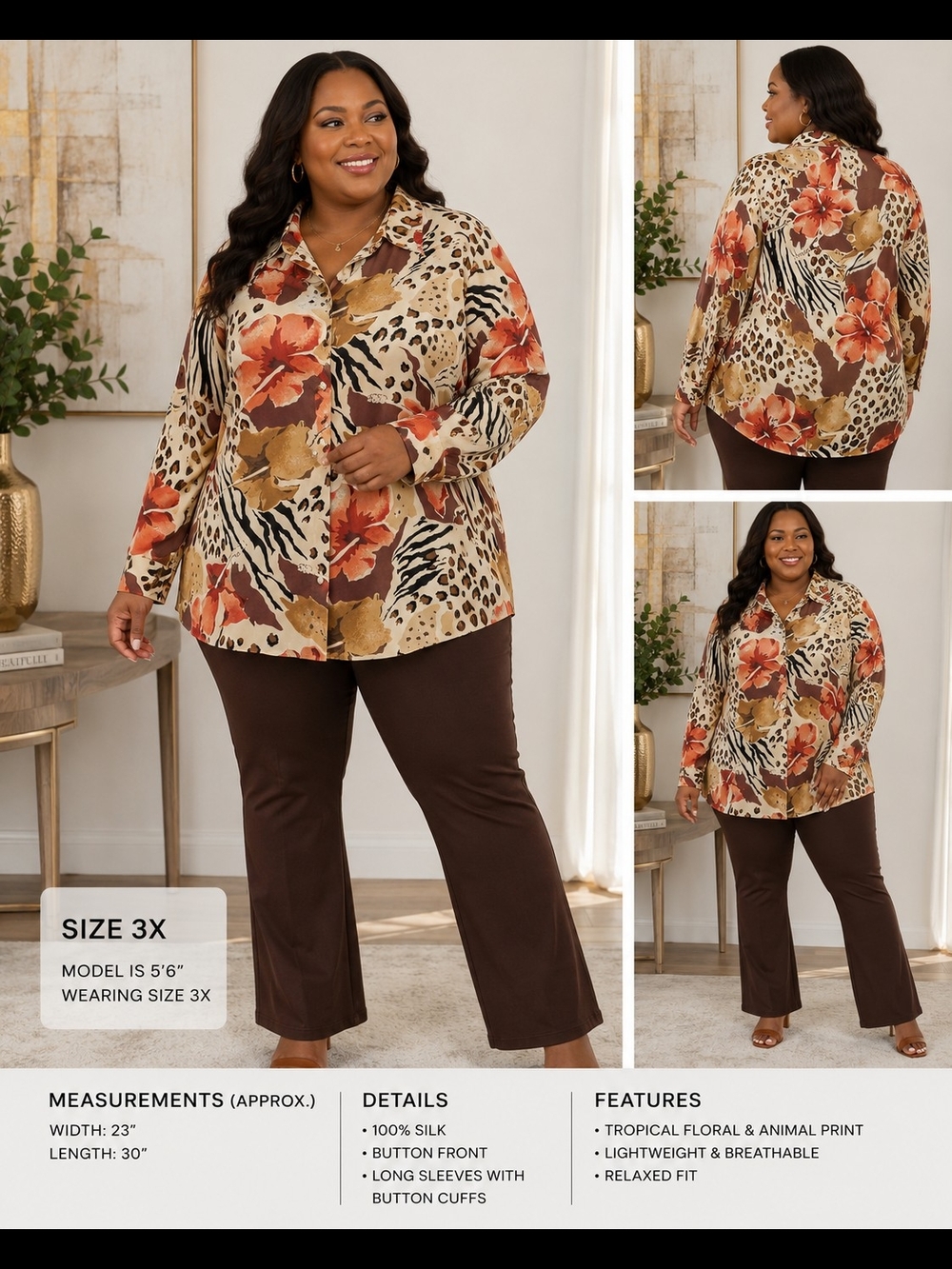 Fuda Fine Silk 3X Tropical Animal Print 100% Silk Button Front Blouse